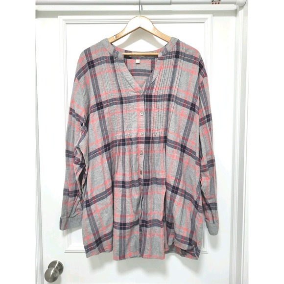 Woman Within Tops - Gray Plaid Collarless Button Up Relaxed Fit Top Woman Within 3X